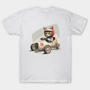 cat in a racing a soap box go kart T-Shirt